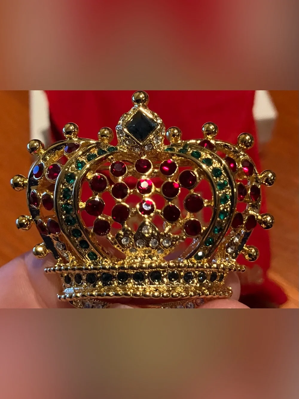 NEW Vintage Kenneth Jay Lane  Gold-Tone Crown Brooch with Red and Green Accents